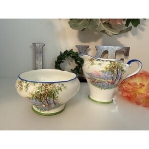 Vintage Aynsley Bluebell Time Cream & Sugar Set Bone China England Blue Trim EUC